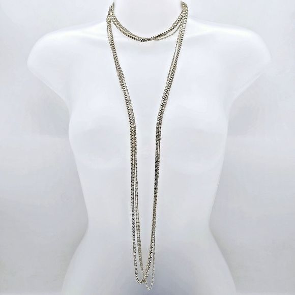 West Germany Necklace Vintage Silver Tone Swirl Box Triple Strand LONG 54" - Picture 2 of 9